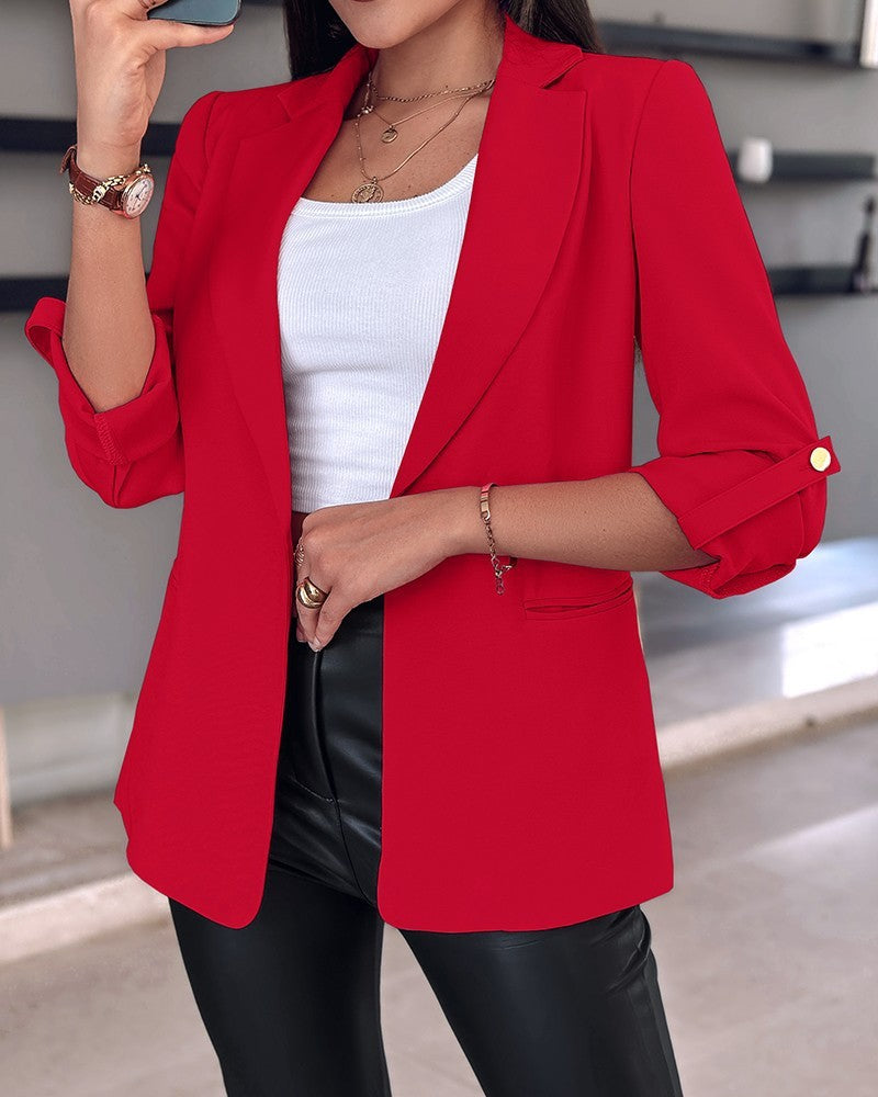 Women's Casual Rolled Sleeves Blazer With Pockets